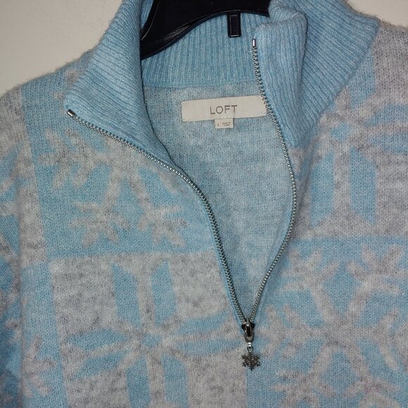 Loft Wool Blend Mock Neck 1/4 Zip Snowflakes Knit Pullover Sweater Size L Blue - Picture 5 of 8